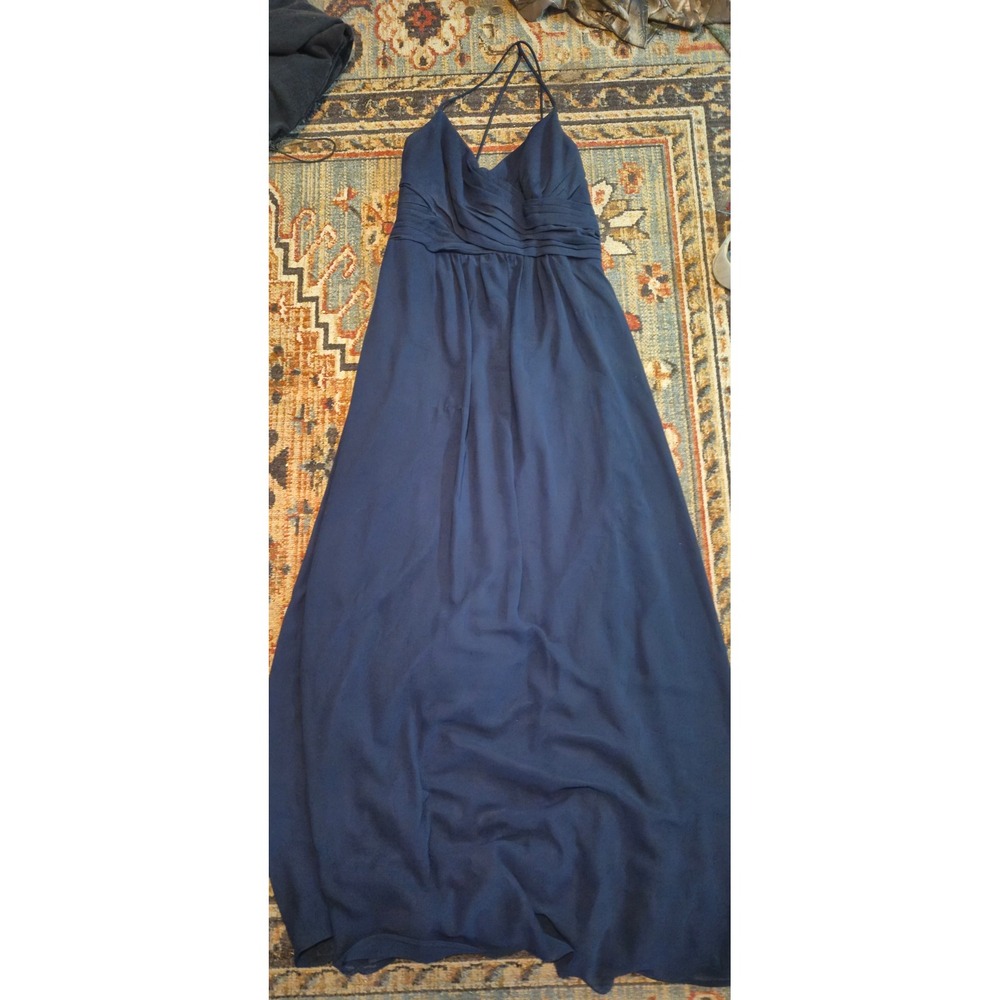 Bill Levkoff Navy Blue Chiffon Pleated Empire Waist Formal Maxi Gown Dress‎ 14